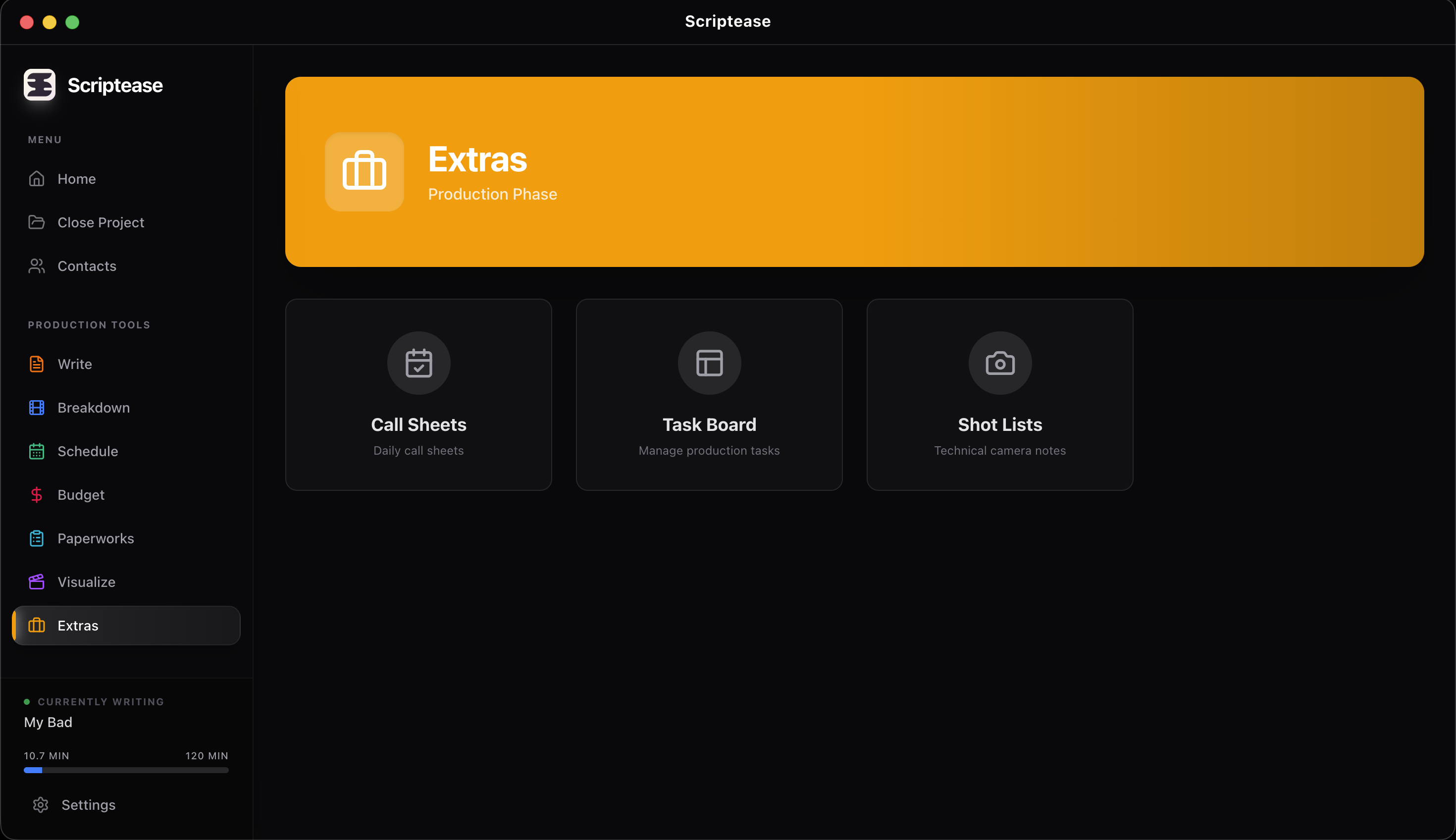 Scriptease extras hub for additional production tools