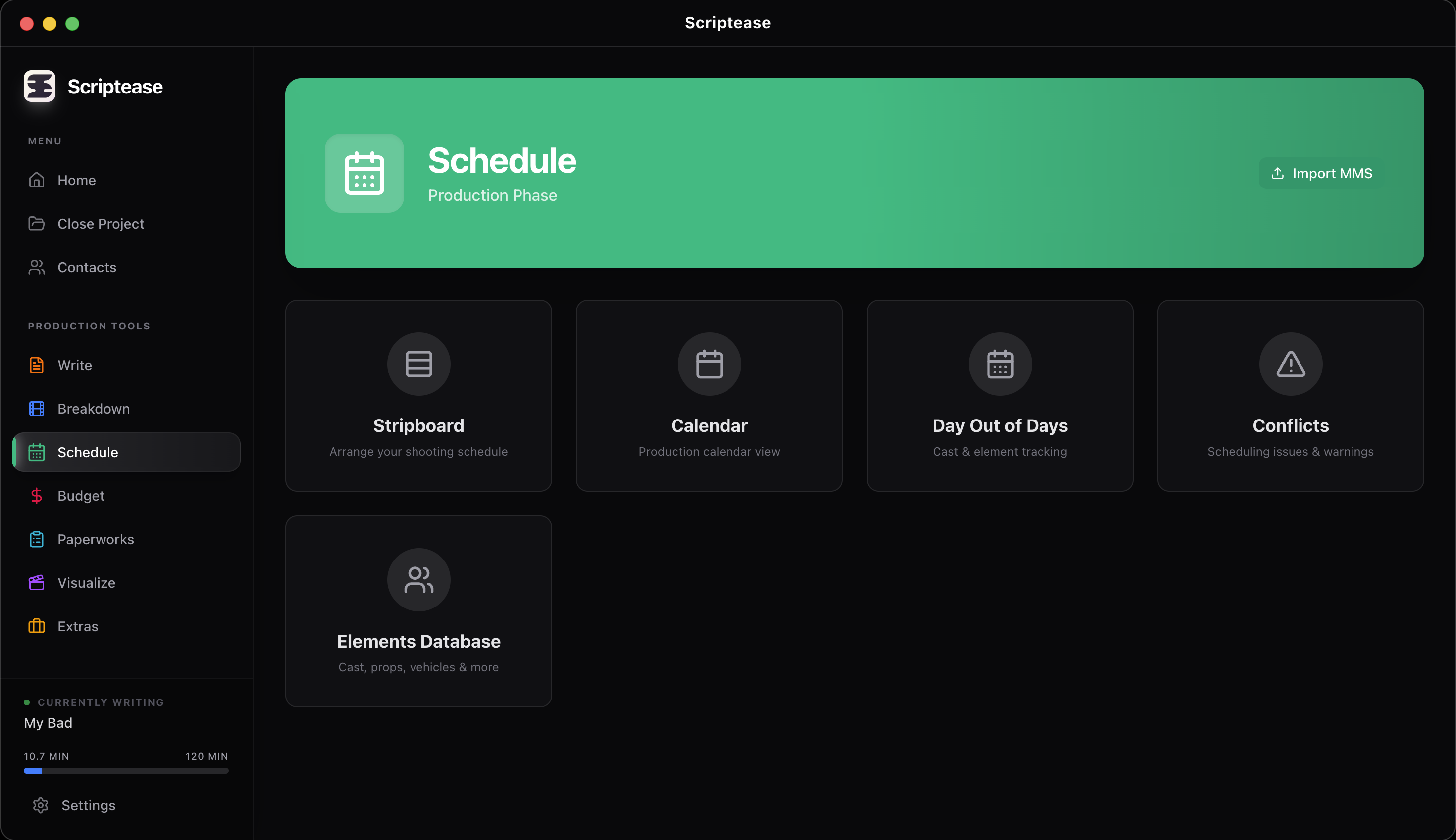 Scriptease schedule hub for stripboards and planning