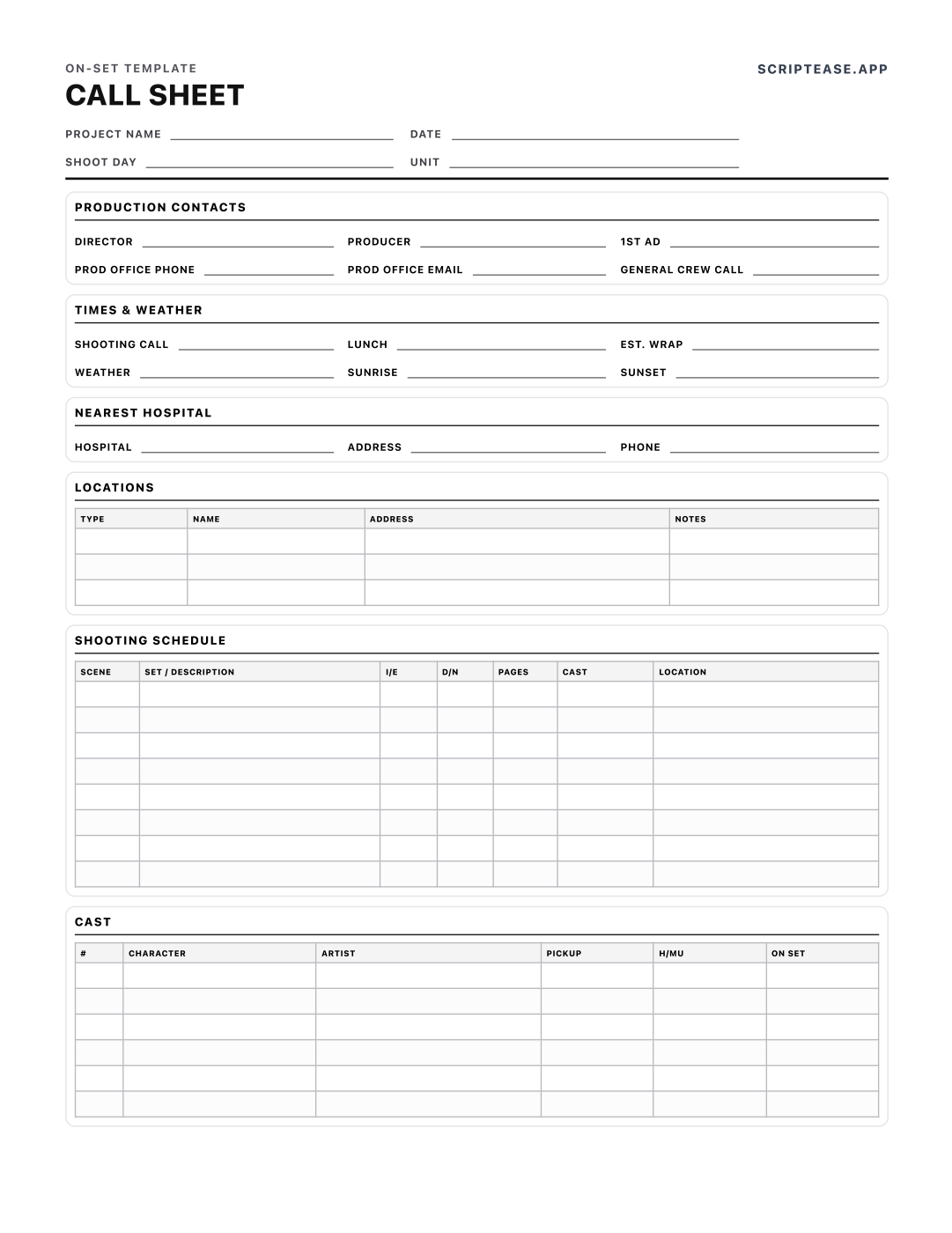Two-page film call sheet template showing production contacts, crew call times, weather, nearest hospital, the day's shooting schedule and cast