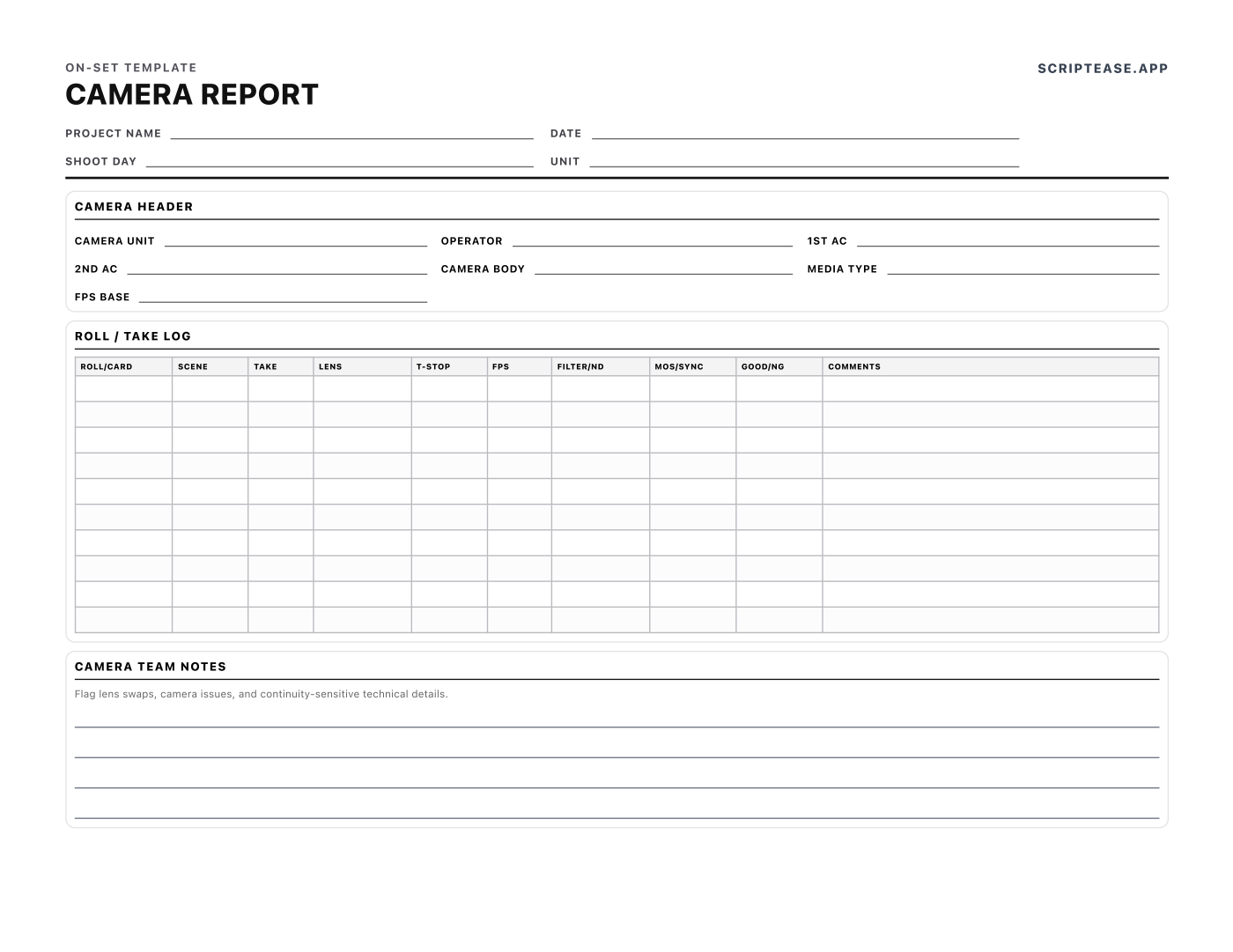 Camera report sheet with a roll and take log recording lens, T-stop, frame rate, filters and good or NG takes