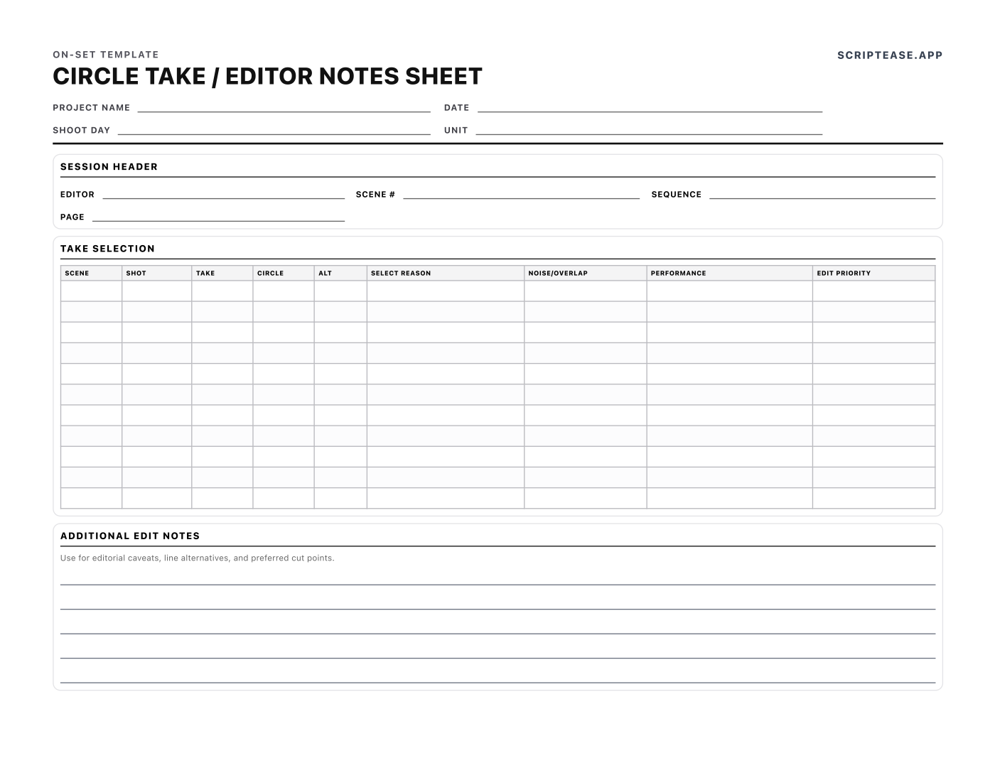 Circle take and editor notes sheet listing selected takes, alternates, overlap problems and edit priority