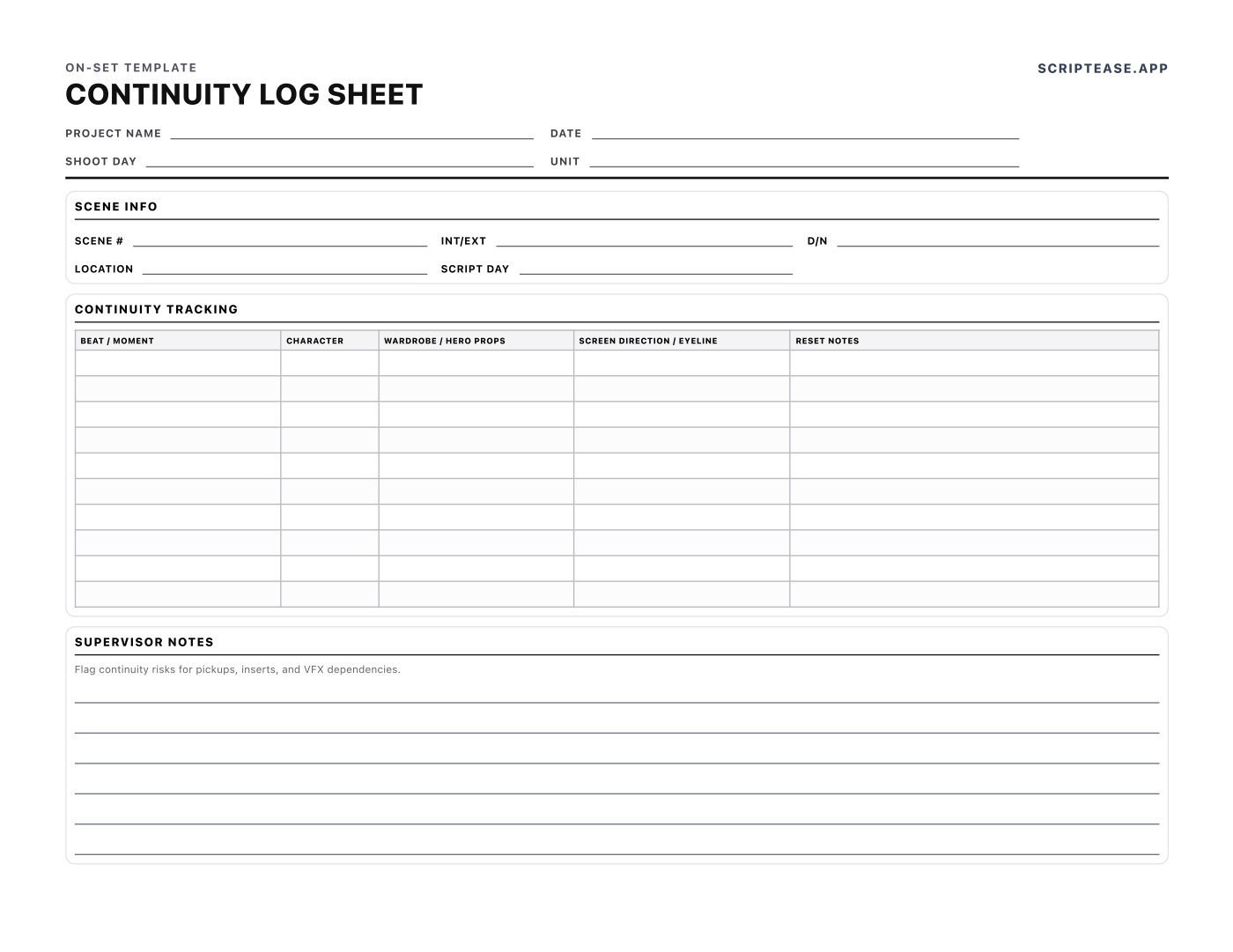 Continuity log sheet tracking wardrobe, hero props, screen direction and eyelines beat by beat across a scene
