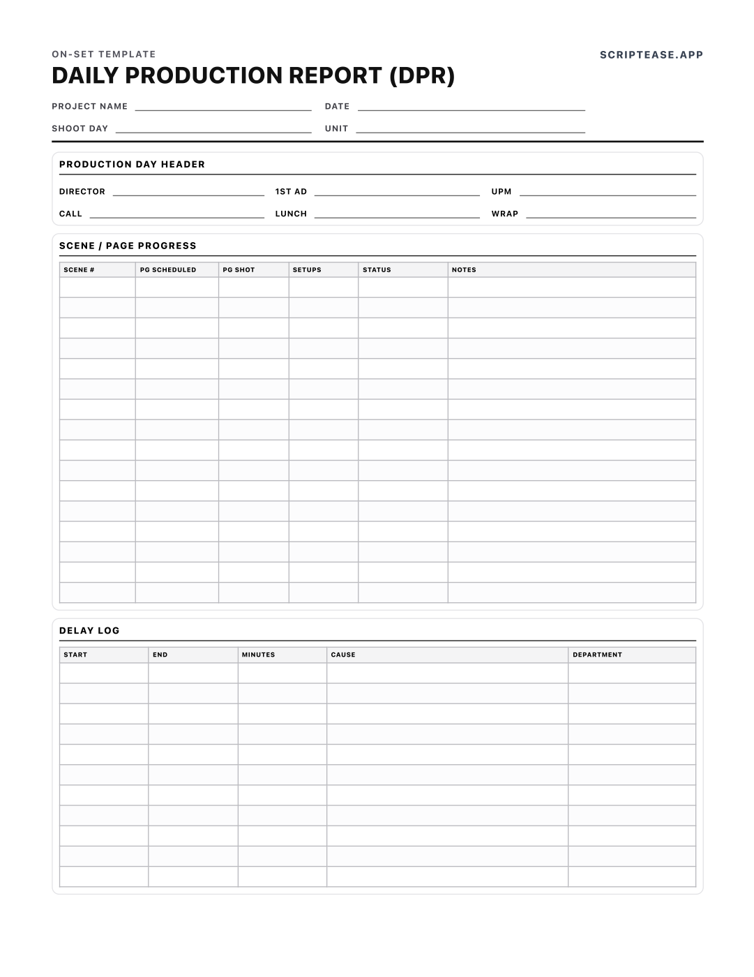 Two-page daily production report with call, lunch and wrap times, pages scheduled against pages shot, setups and a delay log