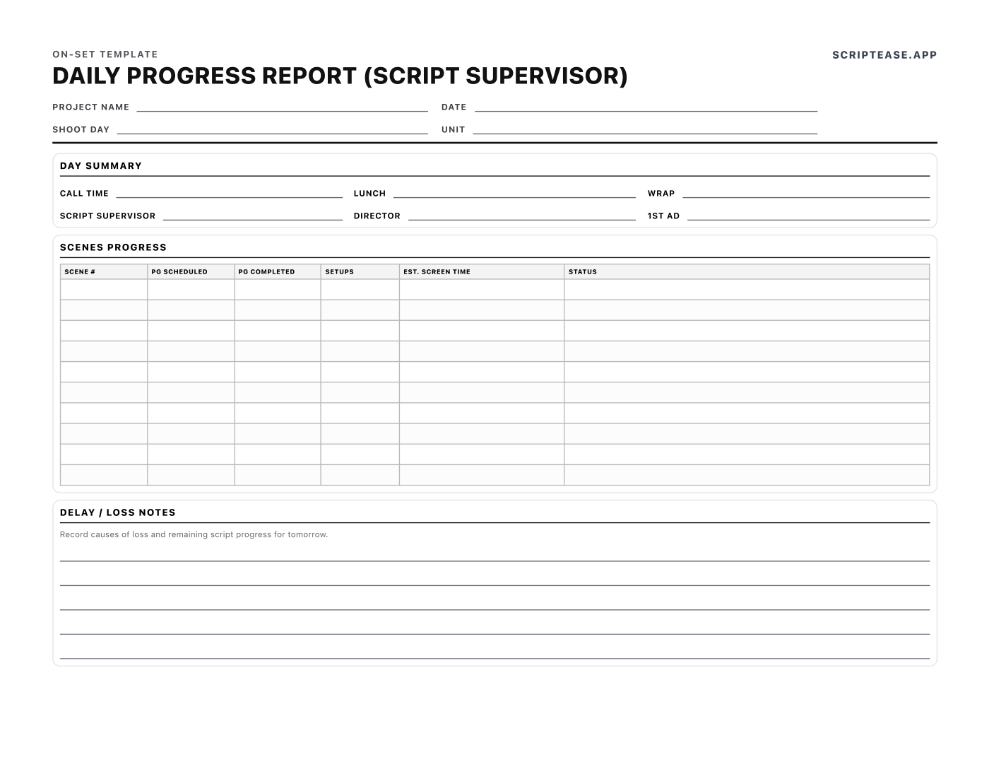 Script supervisor daily progress report comparing pages scheduled against pages completed, with setups and estimated screen time