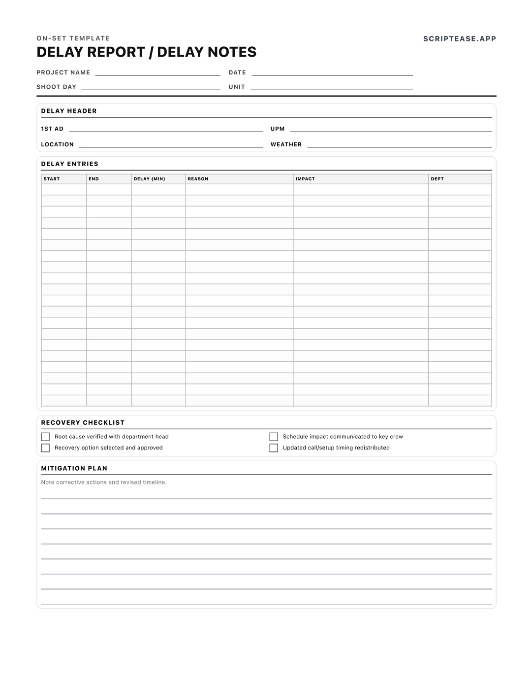 Delay report sheet logging start, end, minutes lost, cause and department, with a recovery checklist