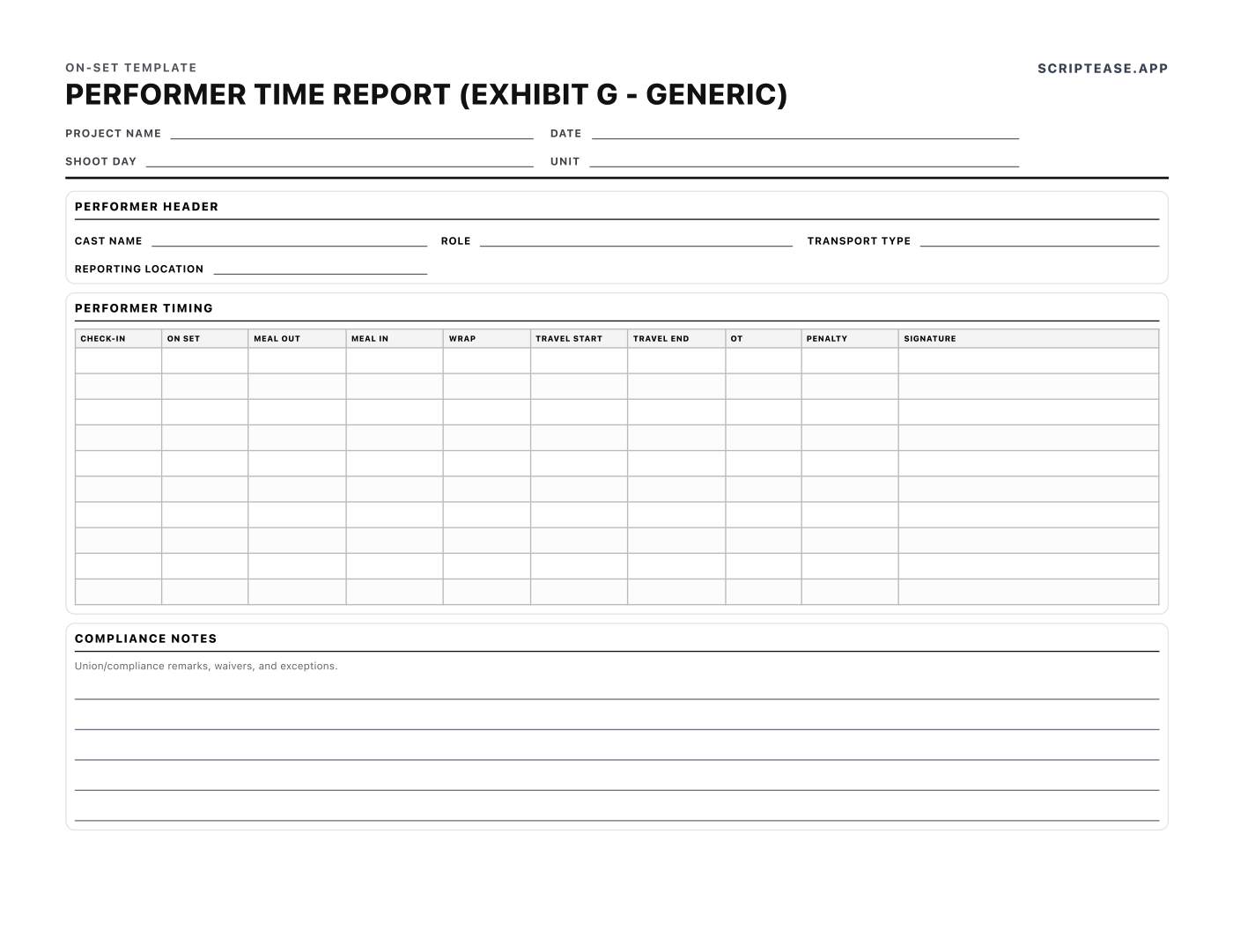 Performer time report in an Exhibit G style layout with check-in, on set, meals, wrap, travel and signature columns