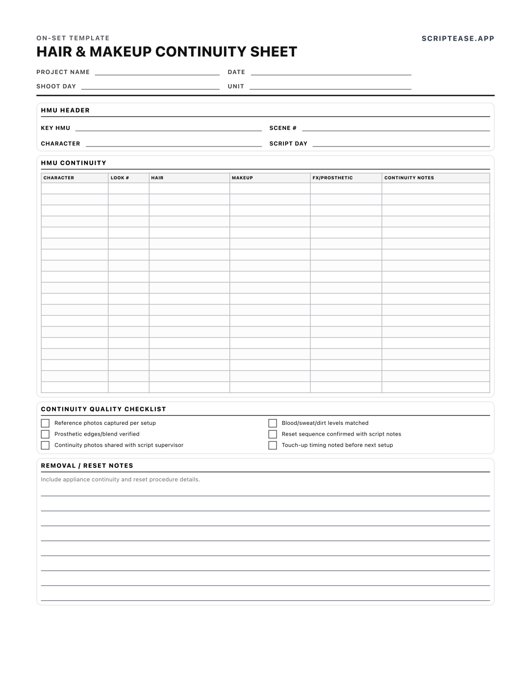 Hair and makeup continuity sheet recording looks, hair, makeup, prosthetics and reset notes per character