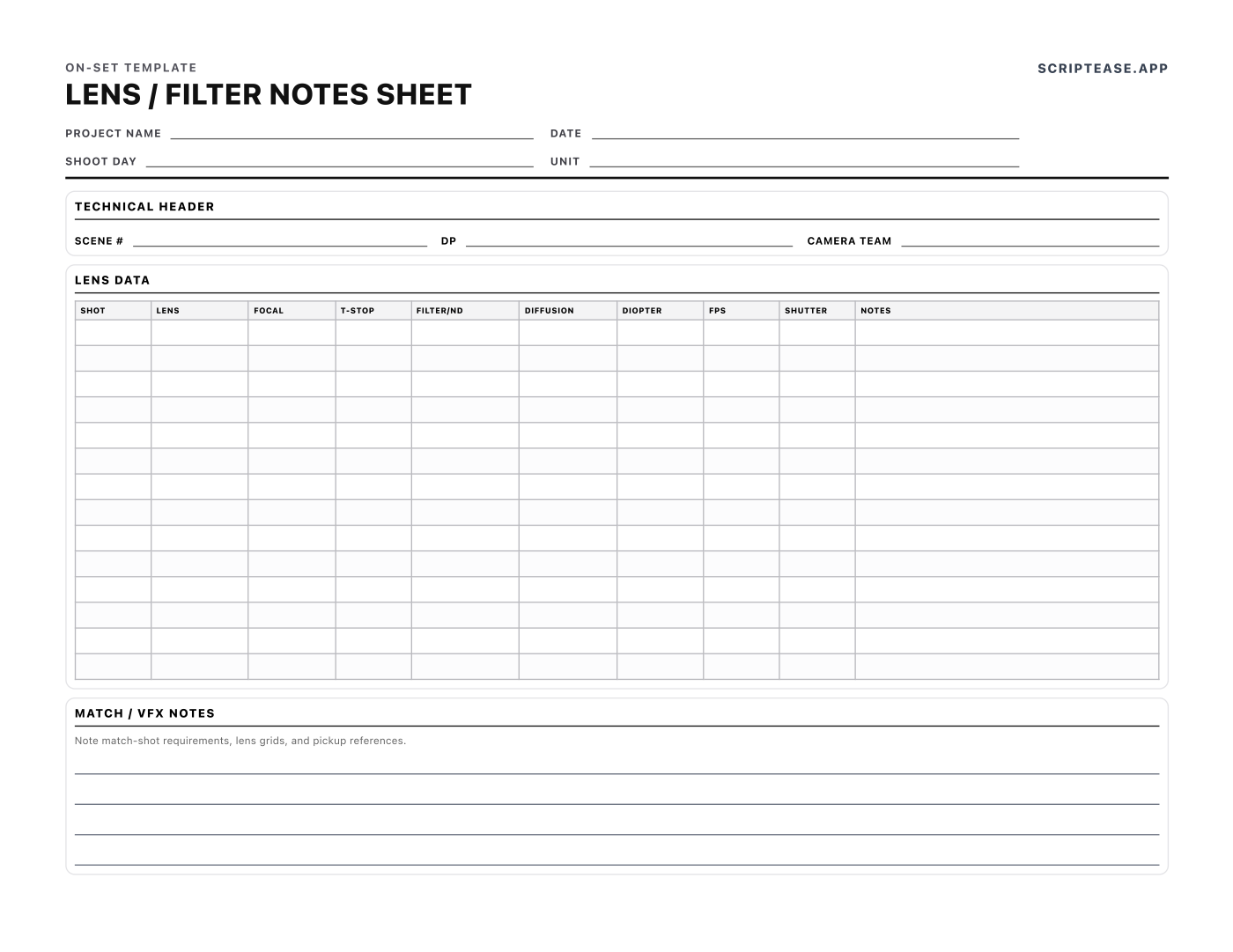 Lens and filter notes sheet logging focal length, T-stop, ND, diffusion and diopters shot by shot
