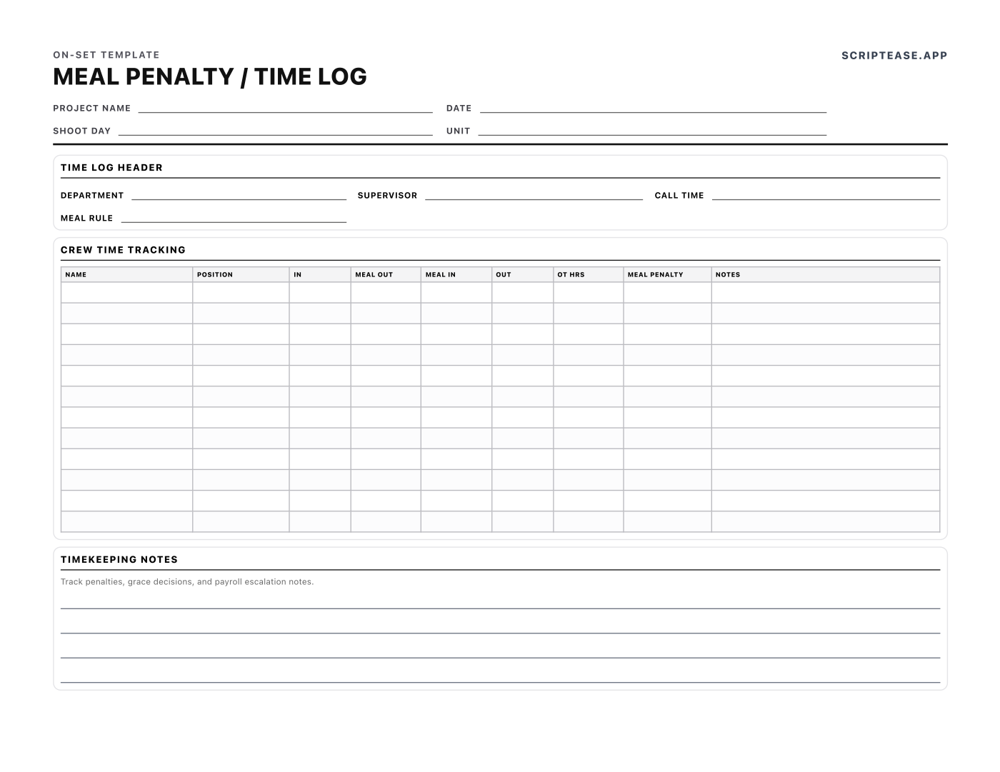 Crew time and meal penalty log tracking in, meal out, meal in, out and overtime hours by department
