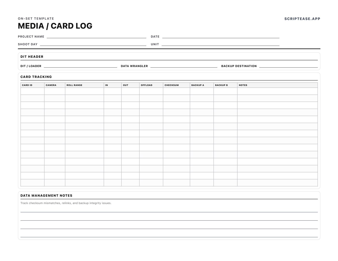 Media and card log for DIT and data wranglers tracking card ID, offload, checksum and two verified backups