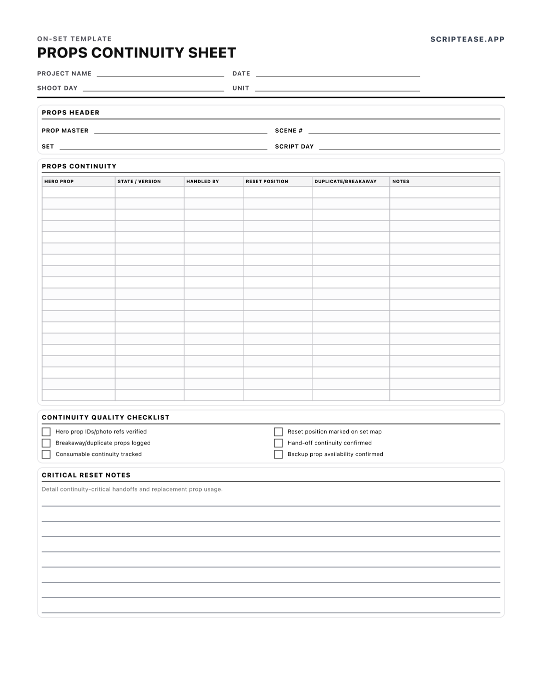 Props continuity sheet tracking hero props, their state and version, reset position and breakaway duplicates