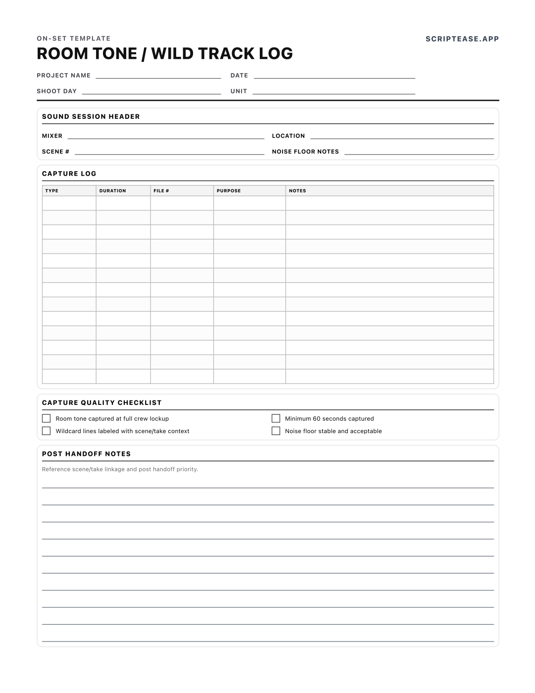 Room tone and wild track log recording capture type, duration, file number and noise floor per location