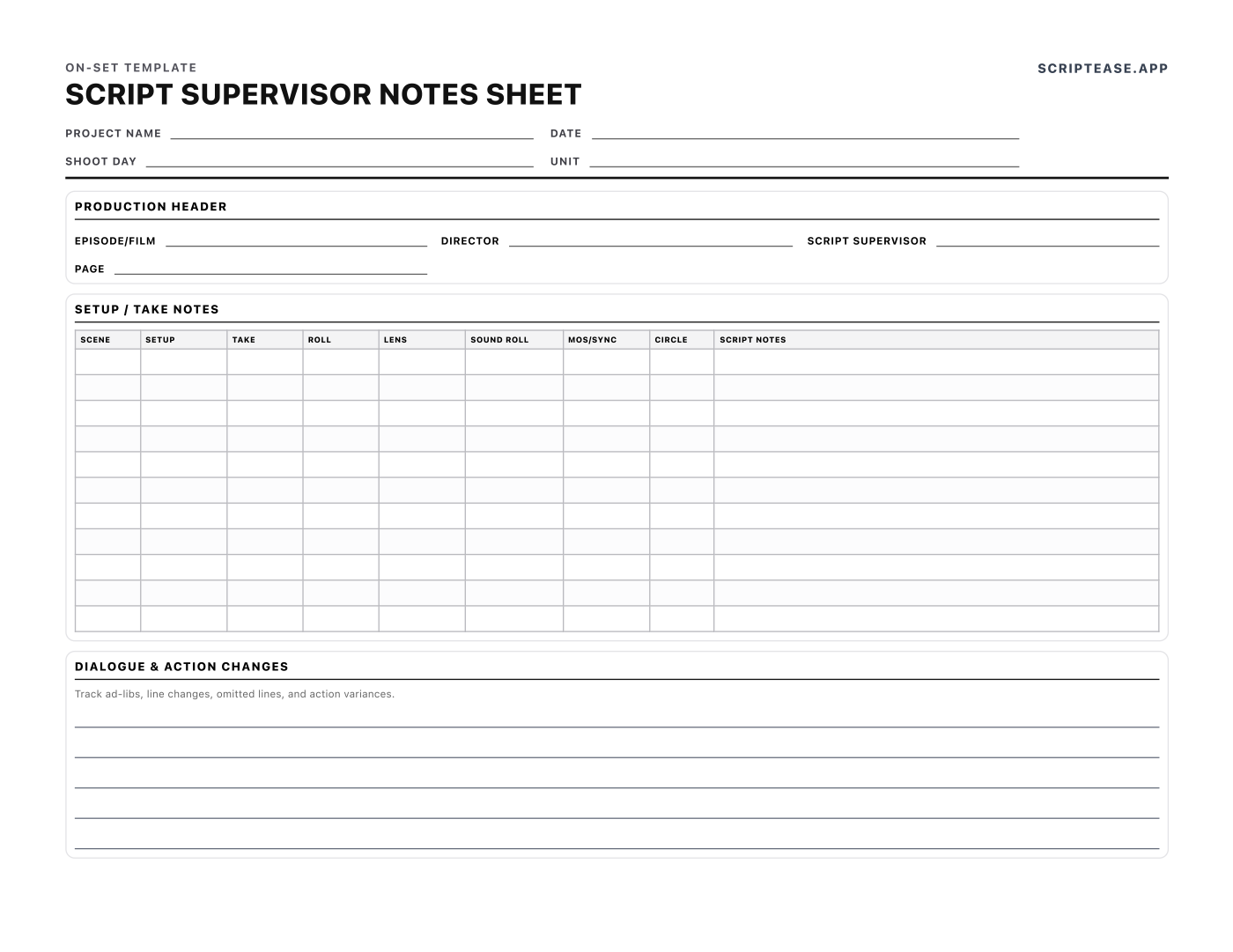Script supervisor notes sheet with a take-by-take log of setup, take, roll, lens, sound roll and circled takes