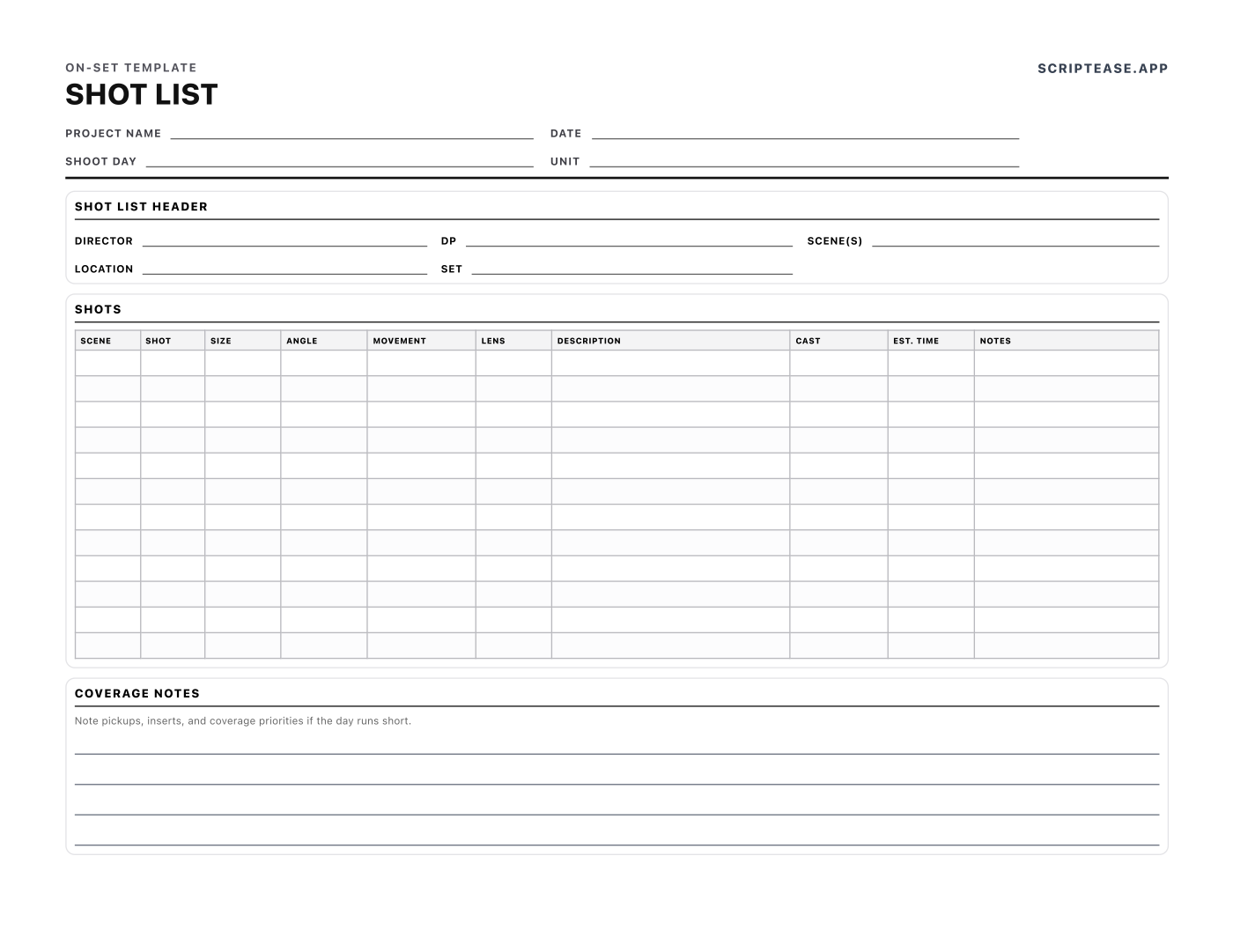 Landscape film shot list template with columns for scene, shot size, angle, camera movement, lens, cast and estimated time