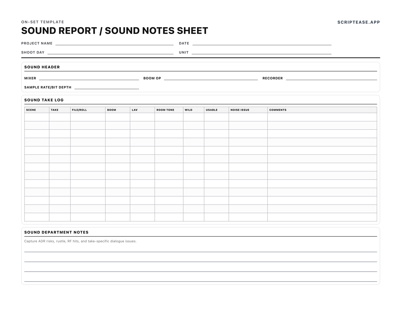 Production sound report logging boom and lav tracks, room tone, wild tracks, usability and noise problems per take