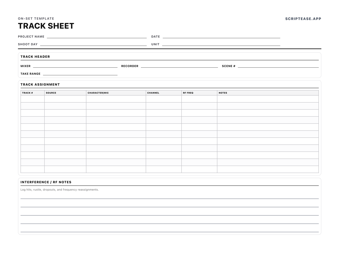 Sound track sheet assigning each recorder track to a character or microphone with RF frequencies