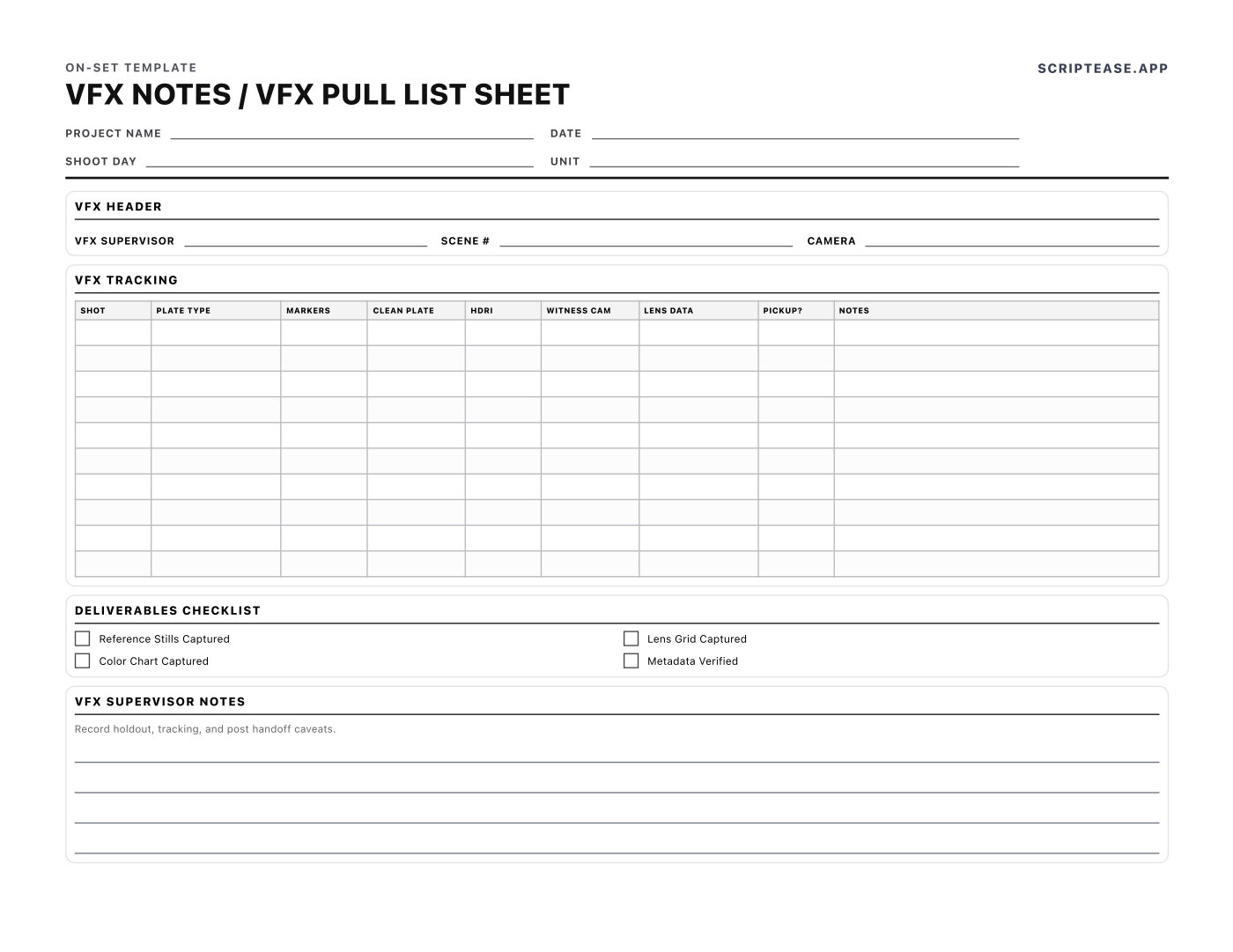 VFX notes and pull list tracking plate type, markers, clean plates, HDRI, witness cam and lens data per shot
