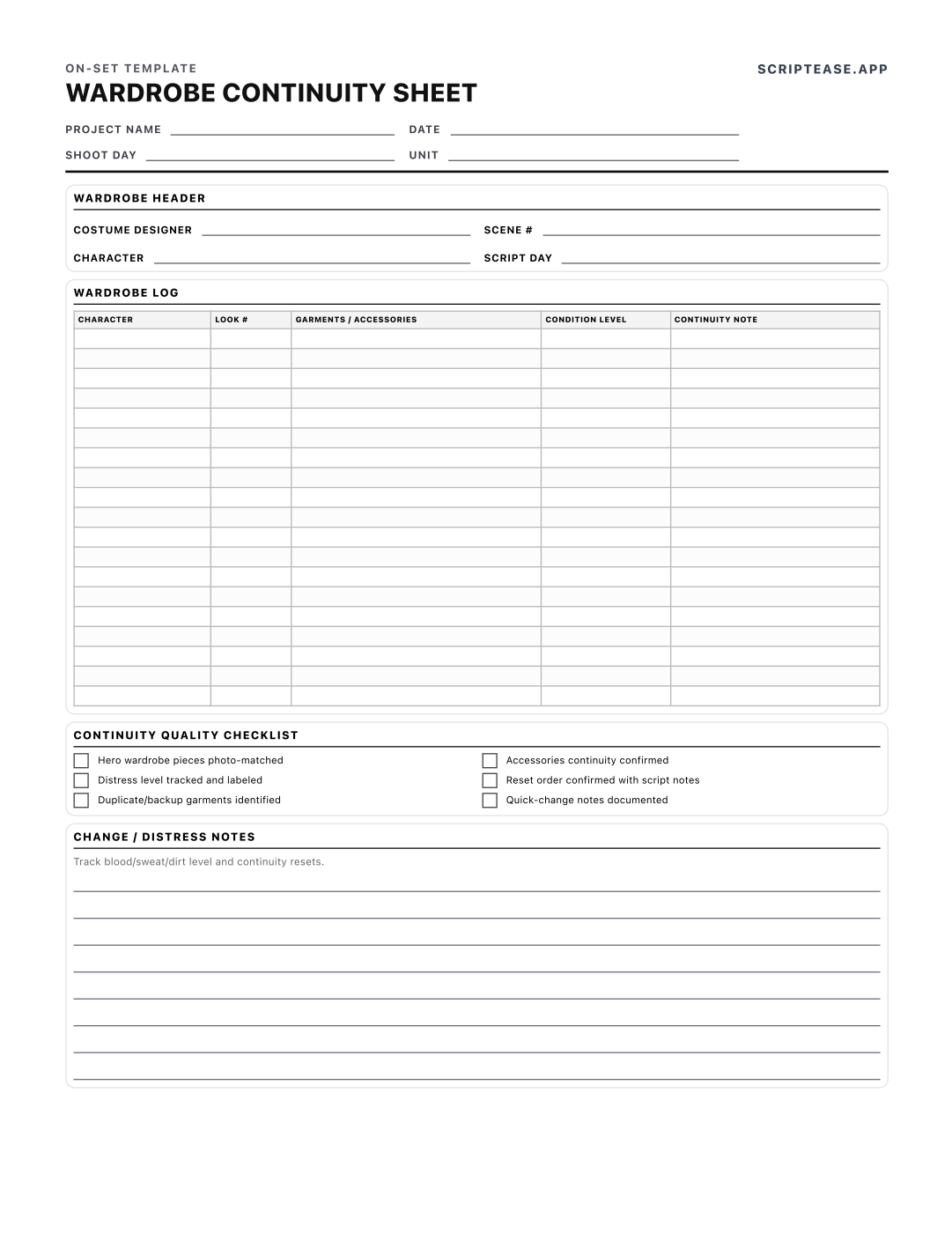 Wardrobe continuity sheet logging each character's looks, garments, accessories and distress level